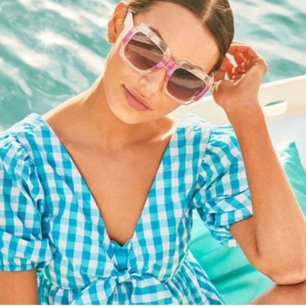 🐬 LILLY PULITZER SARAFINA TURQUOISE OASIS CRINKLE GINGHAM SHORT SLEEVE TOP! - Picture 6 of 15